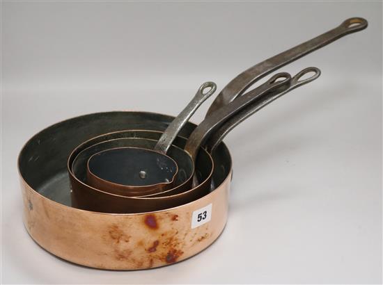 Four graduated 19th century copper saucepans